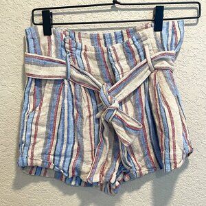 Sky & Sparrow Striped Linen Blend Paper Bag Shorts with Belt XS